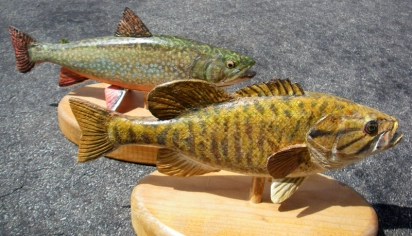 Small brook trout and smallmouth bass on pedestal base Small brook trout and smallmouth bass on pedestal base