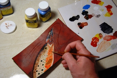 Painting on the outlined leather Painting on the outlined leather