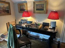 My newly set-up tying station.  Most of the tools will be put away.  I generally work with just one bobbin and one pair of scissors on my desk.