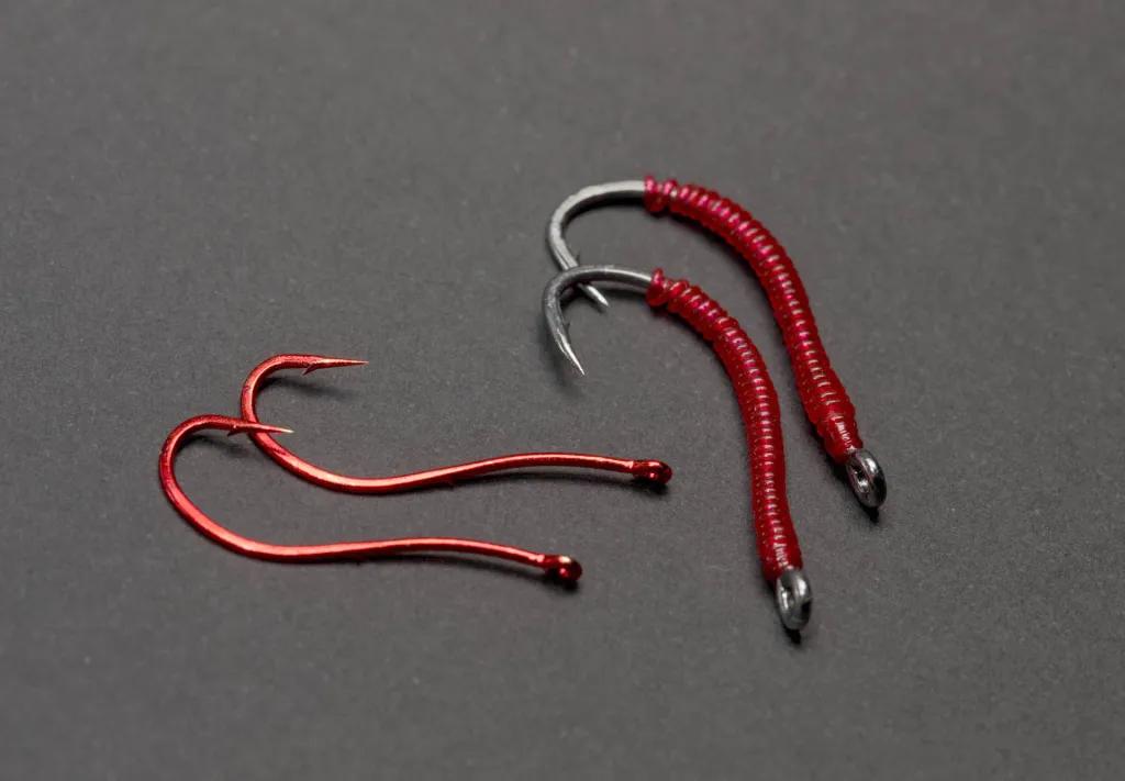 Bare hooks and blood worm fishing flies